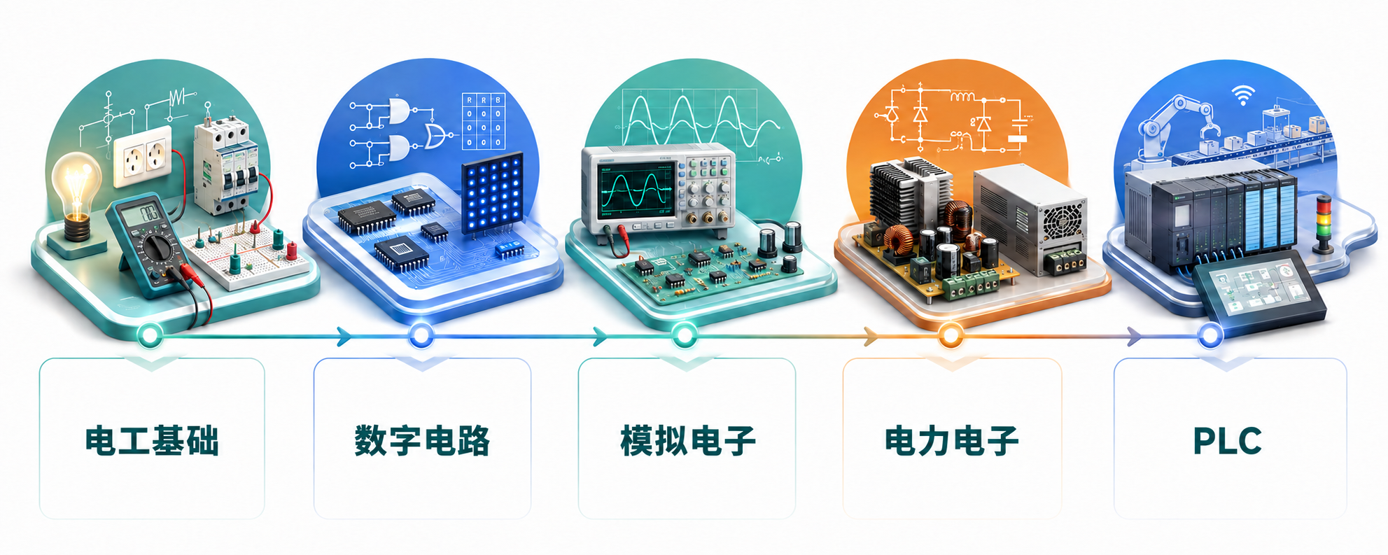 电工基础、数字电路、模拟电子、电力电子和 PLC 五门课程能力链